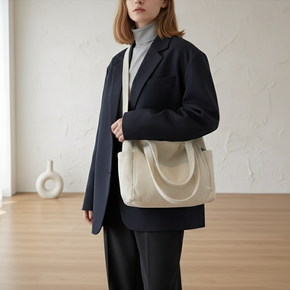 Person holding a beige tote bag in a minimalistic room with a vase on a shelf.