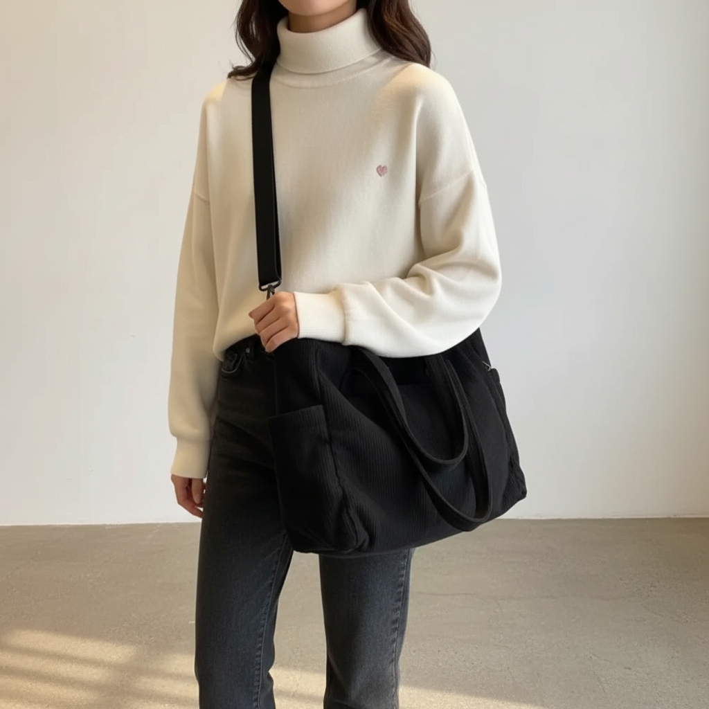Person wearing a beige sweater and holding a black bag against a plain background