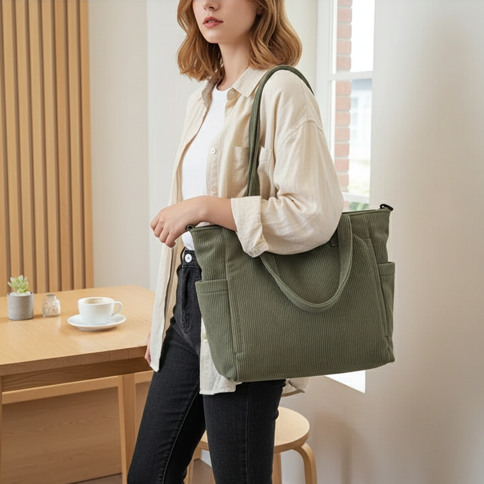 Woman holding a green tote bag in a room with a table and window.