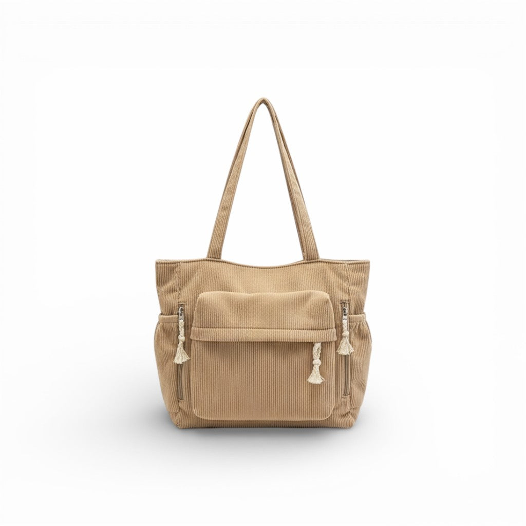 Beige tote bag with a handle on a white background