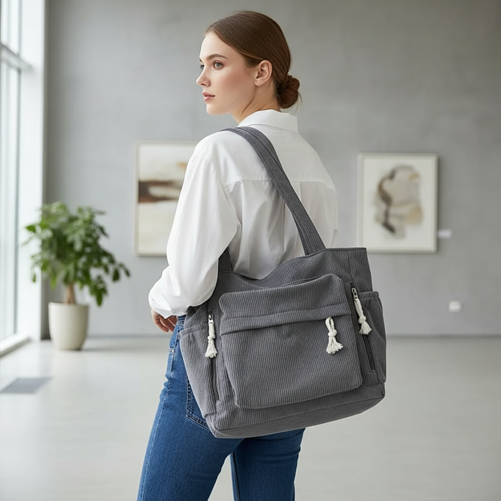 Woman carrying a gray backpack in an indoor setting
