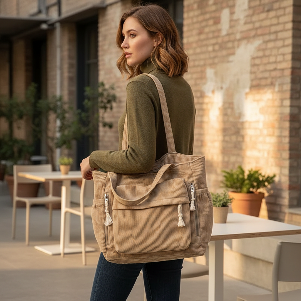 Woman carrying a beige backpack in an outdoor setting with tables and chairs.