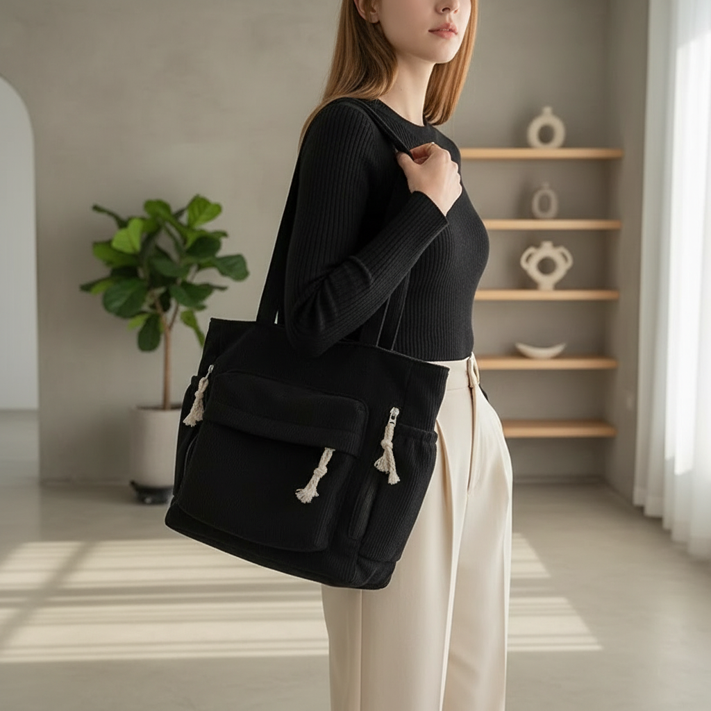 Person wearing a black backpack in a room with a plant and shelves.