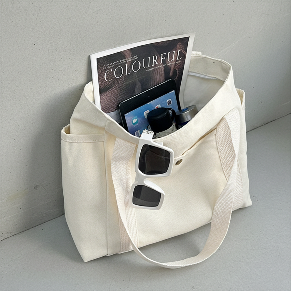 Beige tote bag with a tablet, sunglasses, and magazine on a light gray surface.