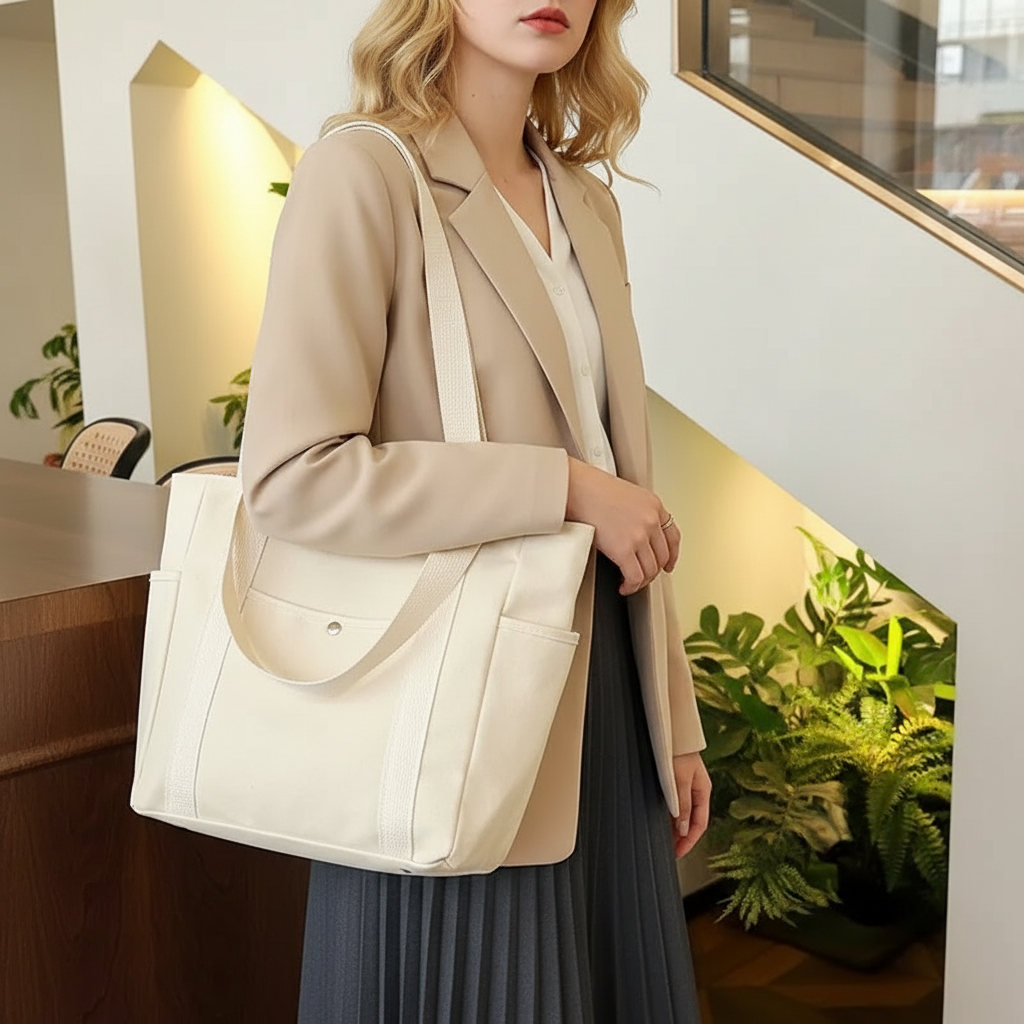 Woman holding a beige tote bag in an indoor setting with plants.