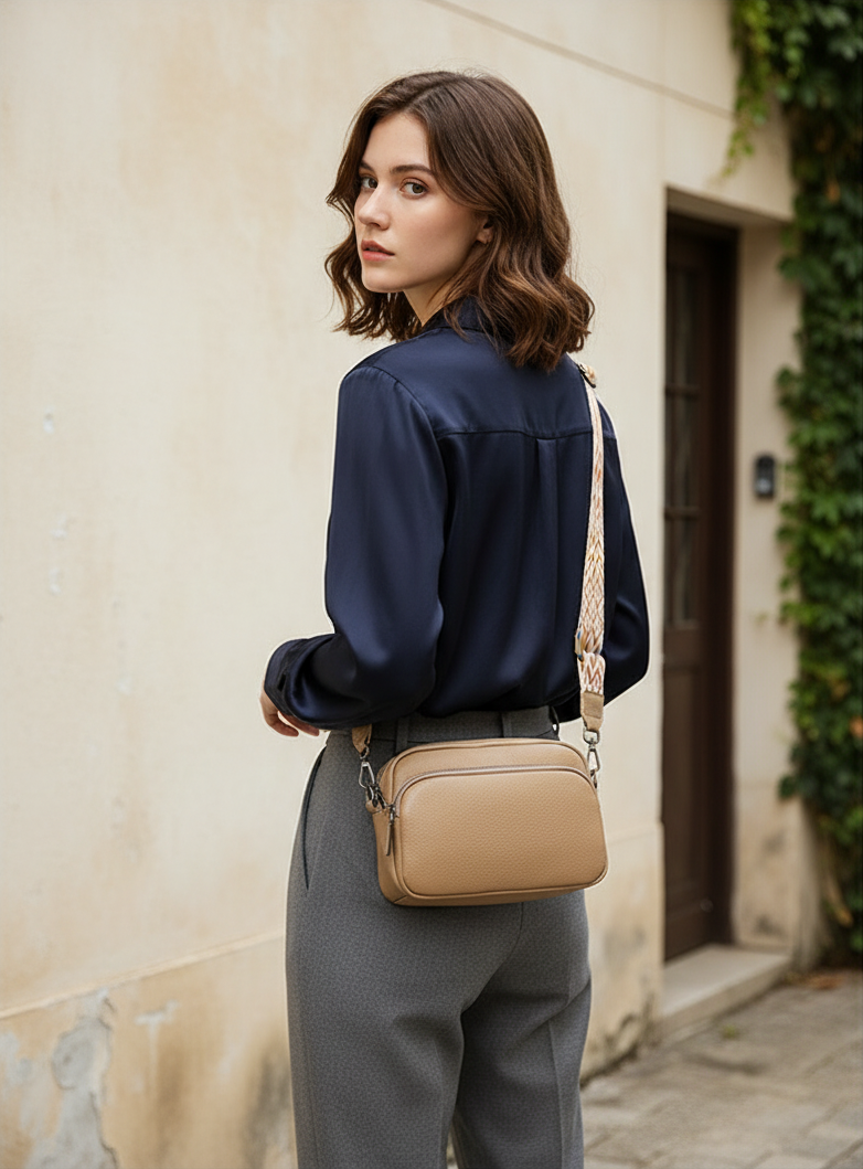 Woman wearing a navy shirt and gray pants with a beige crossbody bag against a neutral wall.