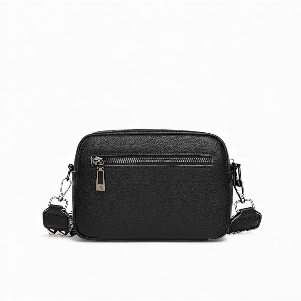 Black leather crossbody bag on a white background