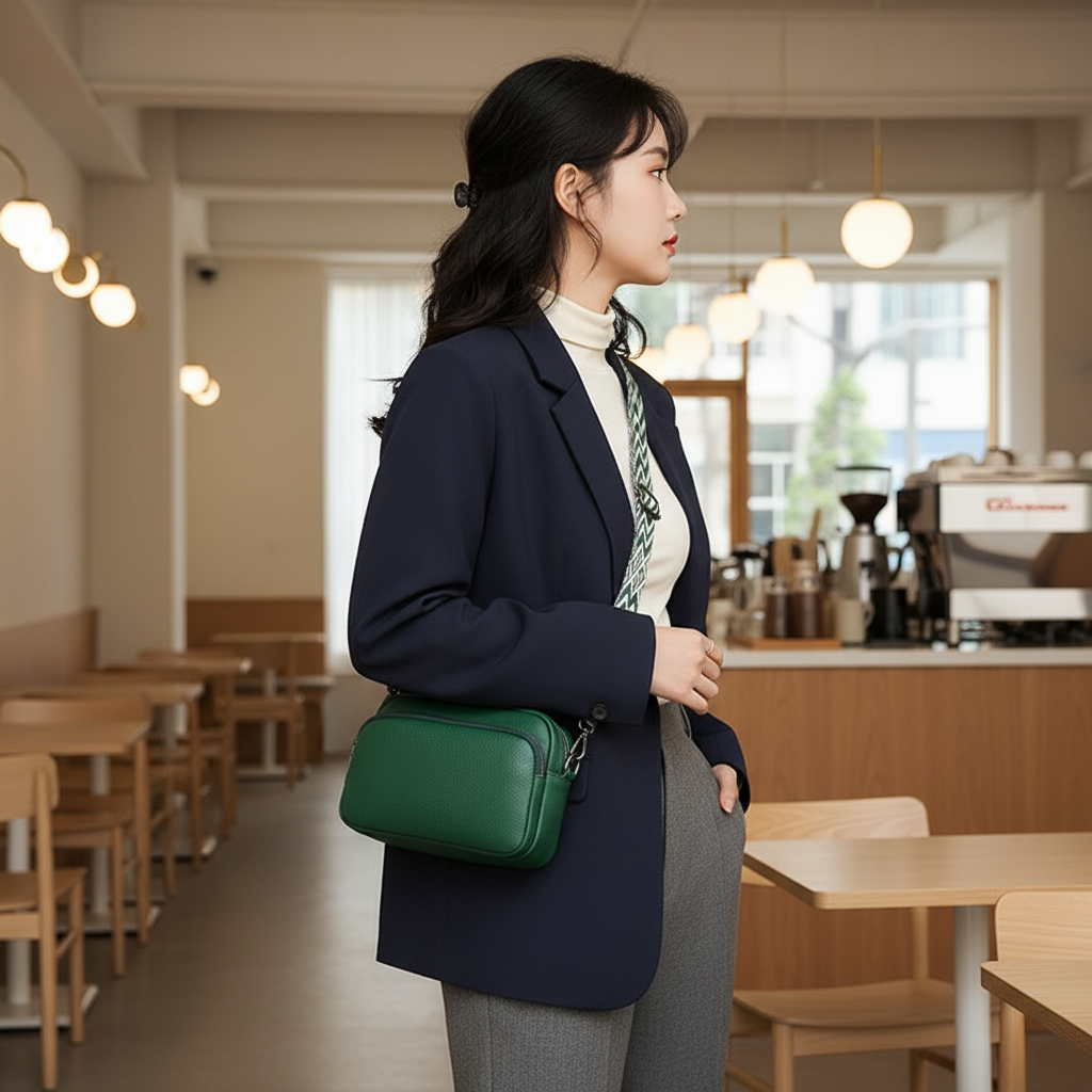Woman in a cafe wearing a navy blazer and carrying a green bag