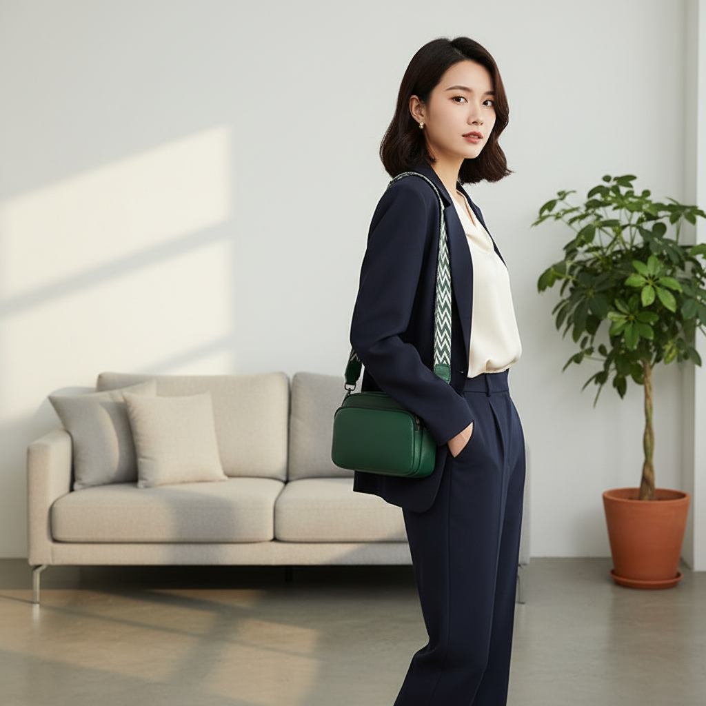 Woman in a stylish outfit holding a green handbag in a modern living room.