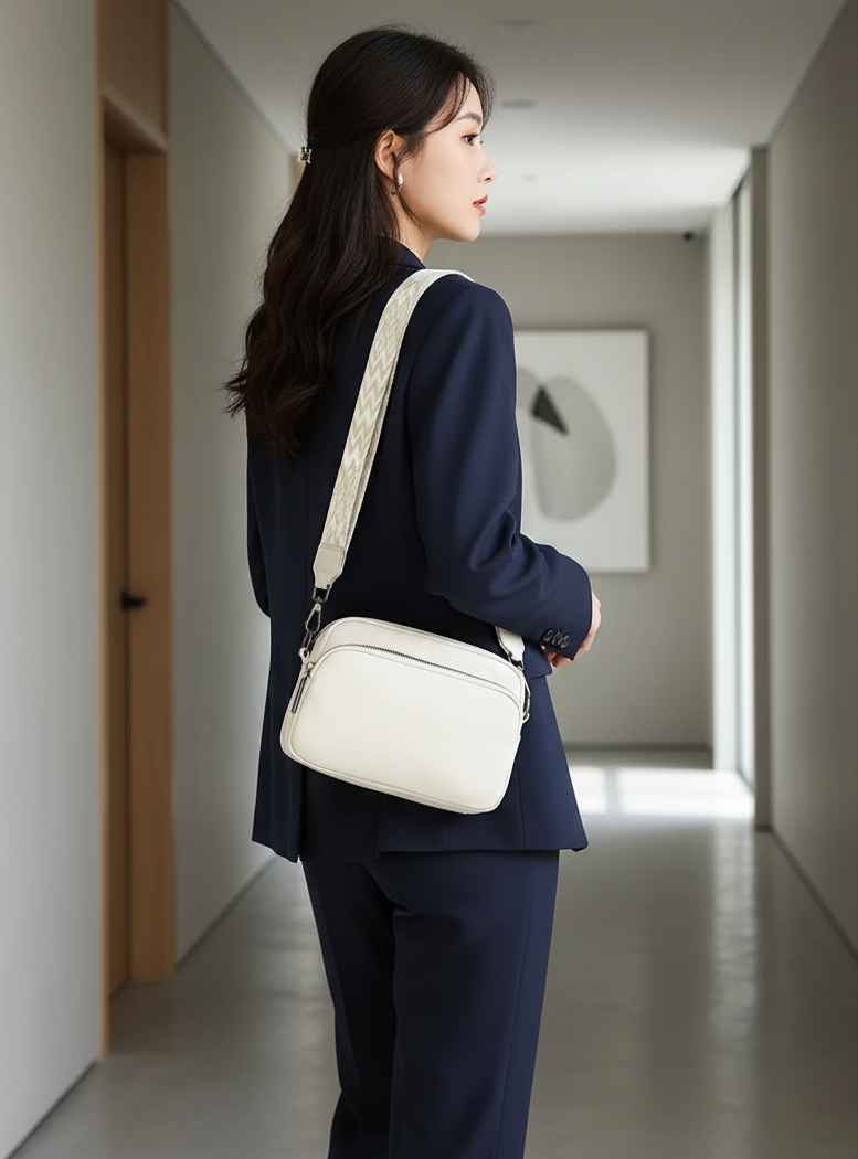 Woman in a navy suit with a white handbag walking down a hallway.