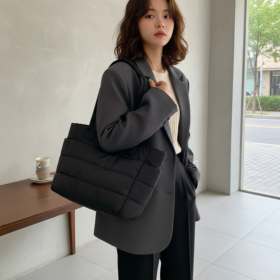 Woman holding a black puffer bag indoors