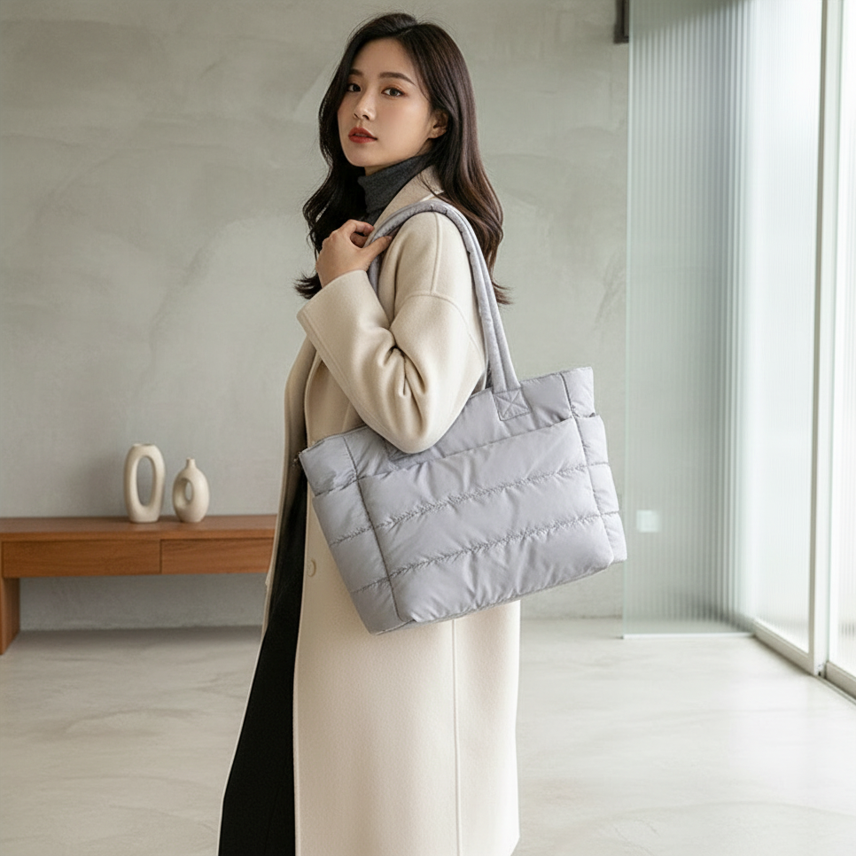 Woman holding a gray quilted handbag in an indoor setting