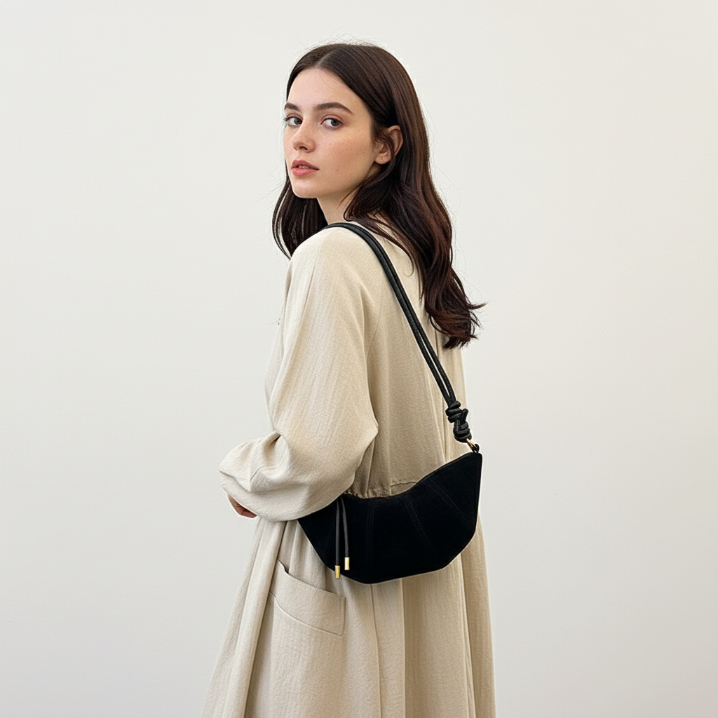 Woman wearing a beige dress with a black shoulder bag on a plain background