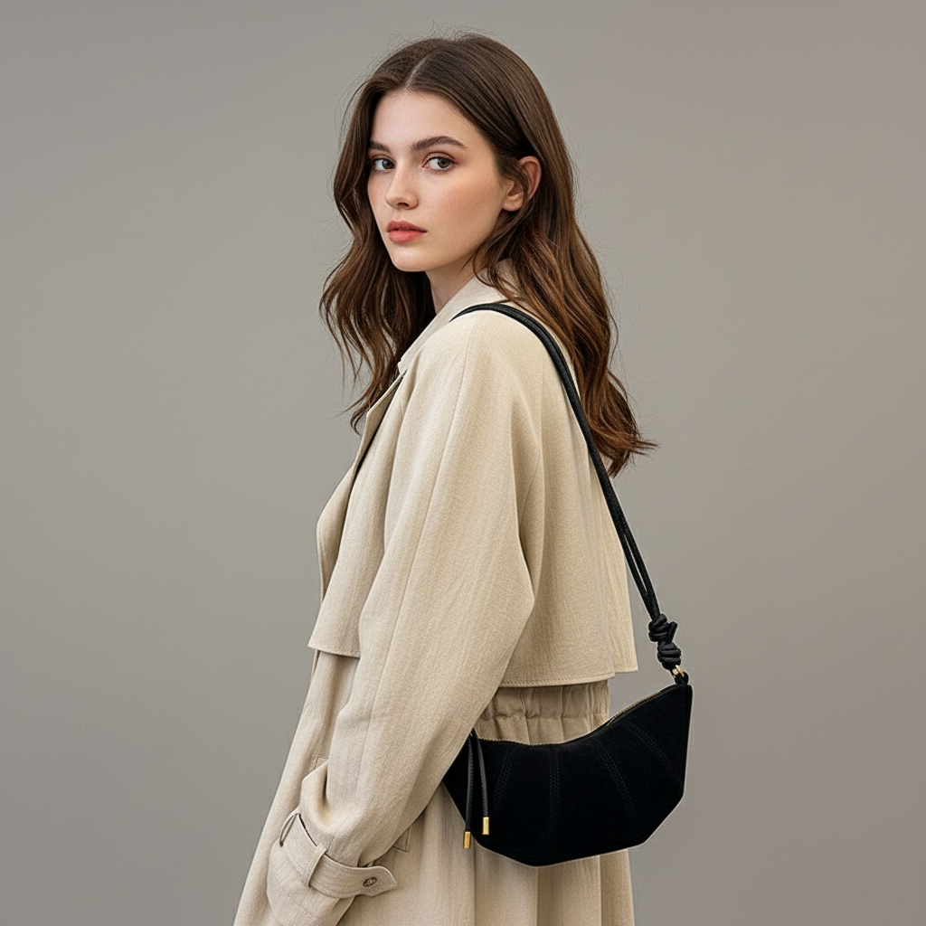 Woman wearing a beige outfit with a black handbag on a gray background