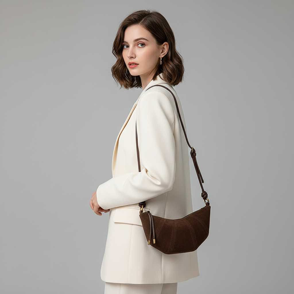 Woman in a white suit with a brown handbag on a gray background