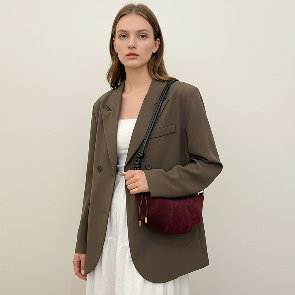Woman wearing a brown blazer holding a burgundy bag against a plain background