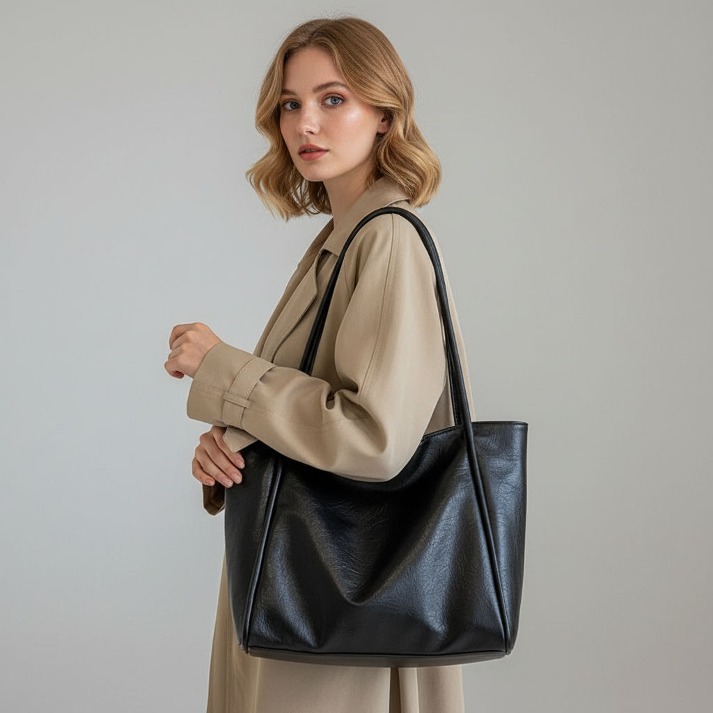 Woman holding a black leather tote bag against a neutral background