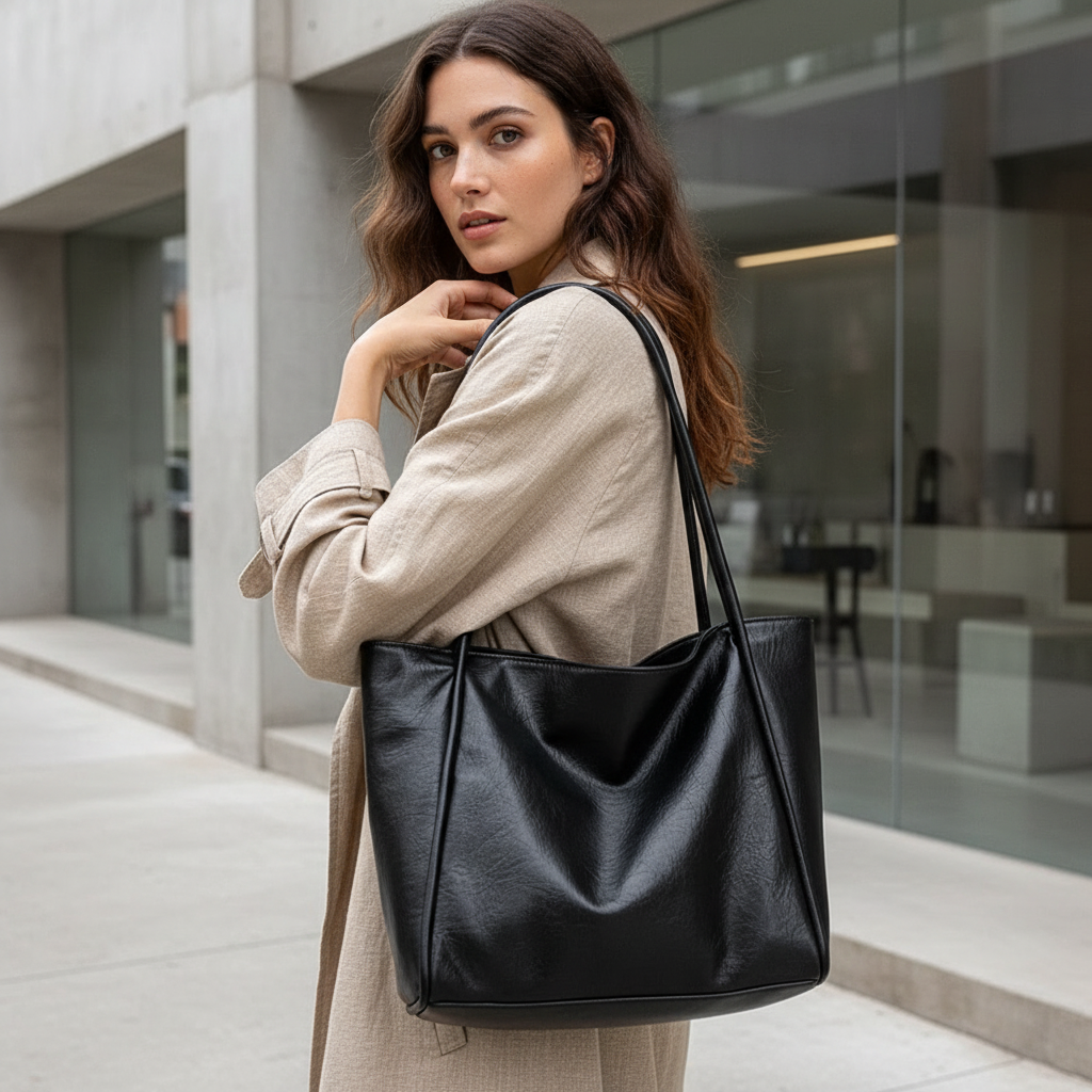 Woman holding a black leather tote bag in an urban setting