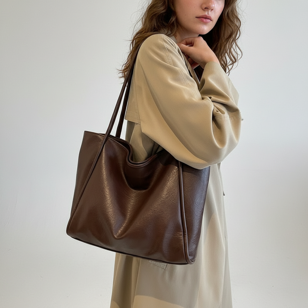 Woman holding a brown leather tote bag against a plain background