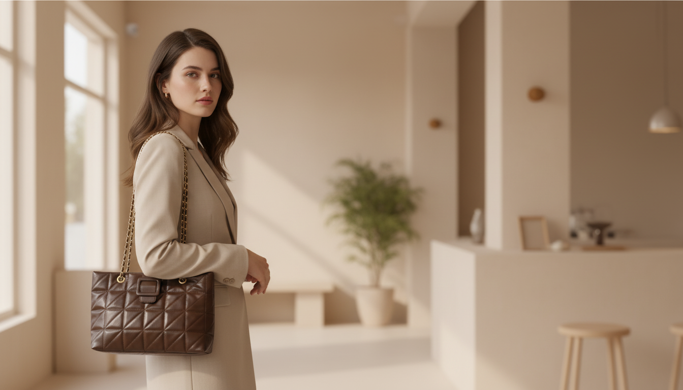 Woman holding a brown handbag in a modern, well-lit room.