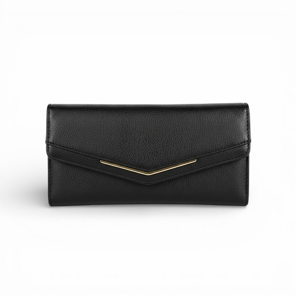 Black clutch bag with gold accent on a white background