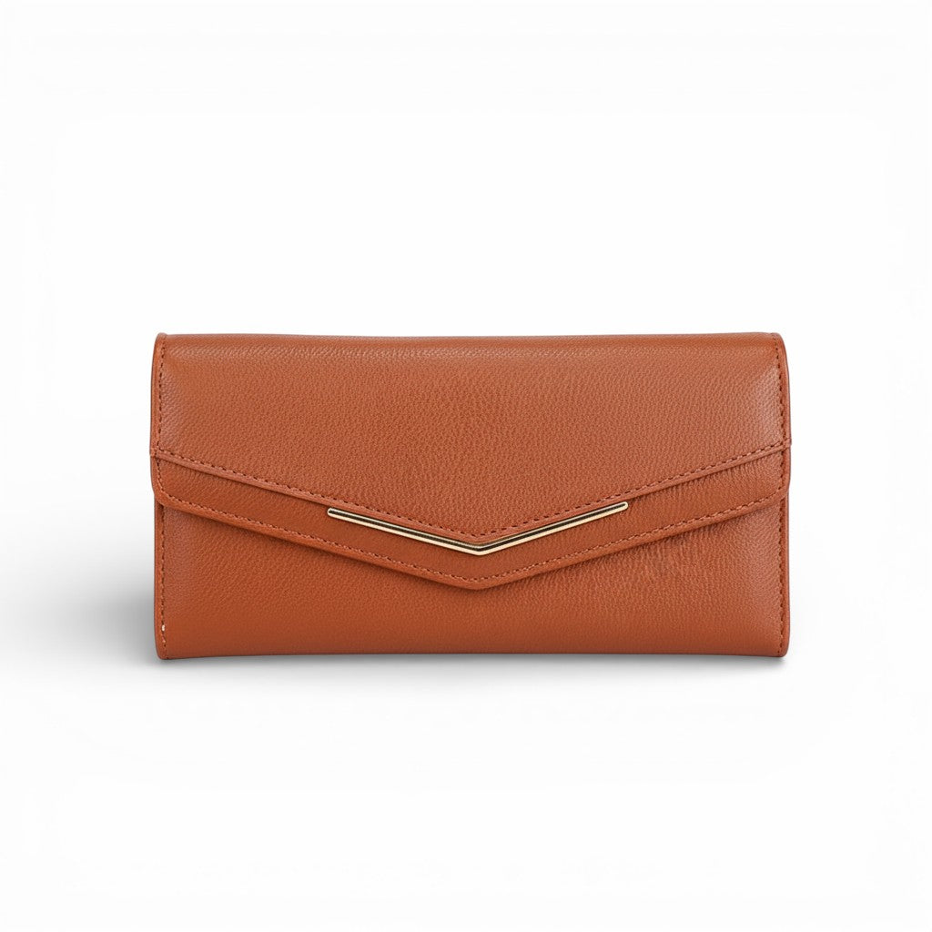 Brown wallet with a gold accent on a white background