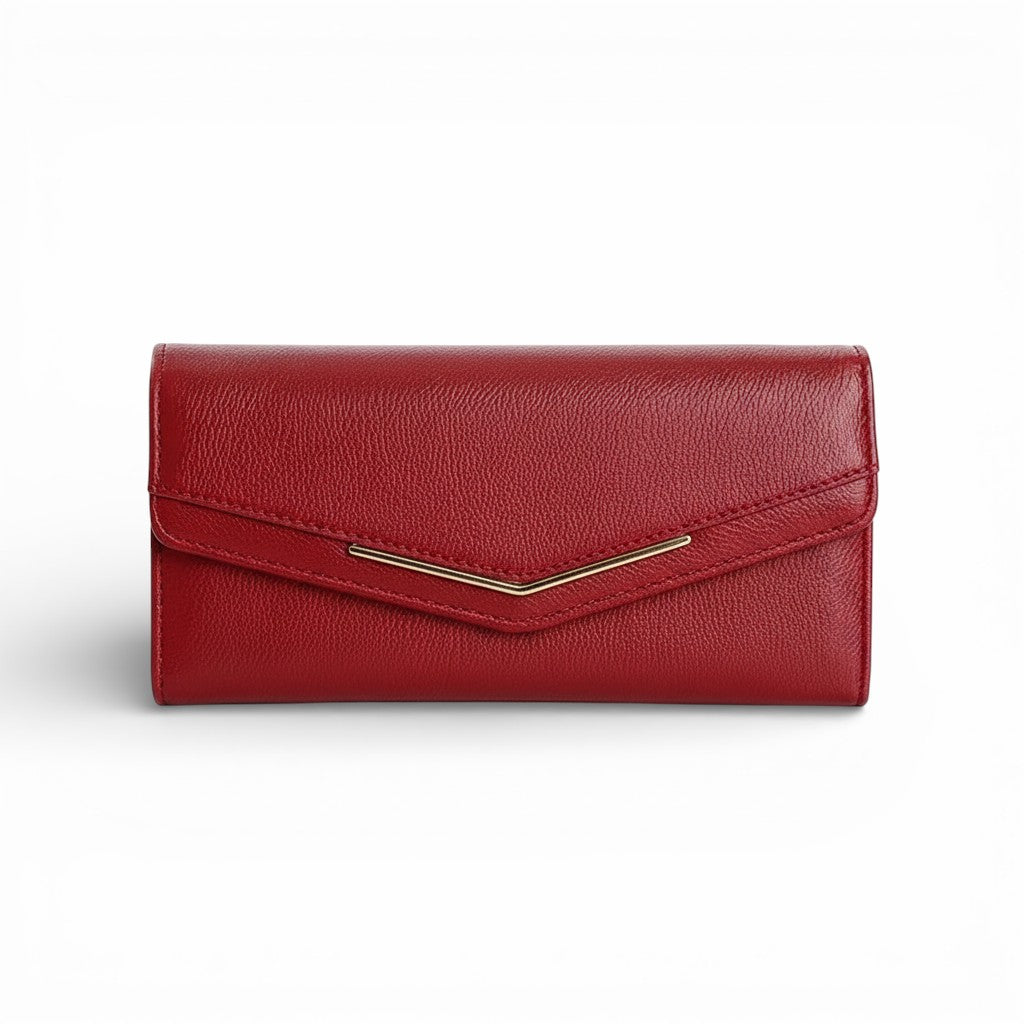 Red wallet with a gold accent on a white background