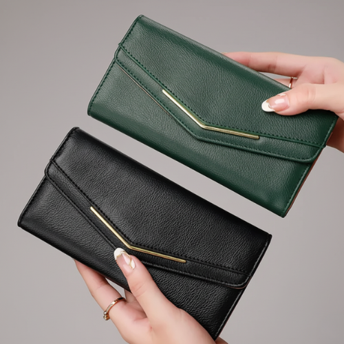 Two wallets, one green and one black, held by hands against a gray background.