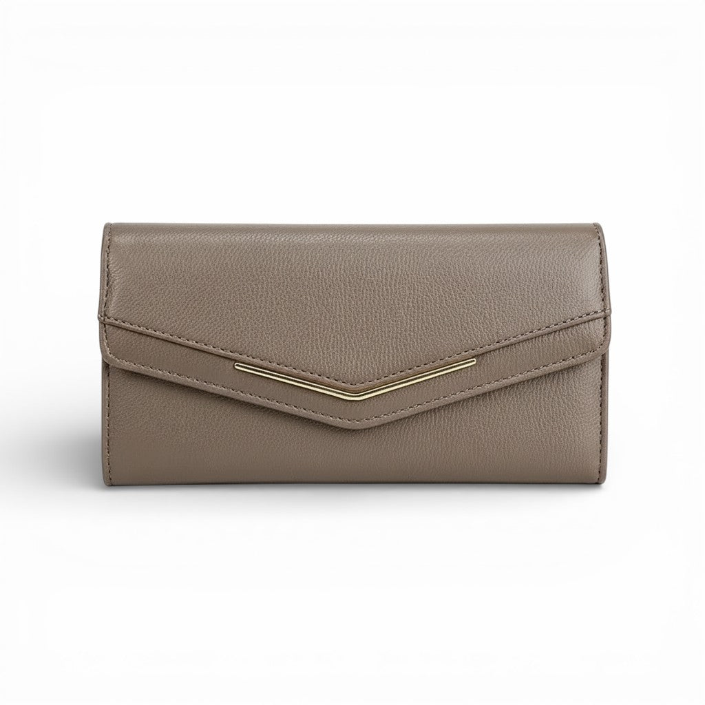 Brown wallet with gold accent on a white background