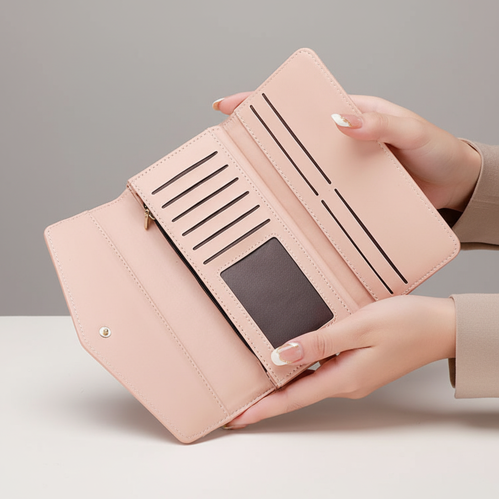 Pink wallet held by a hand against a neutral background