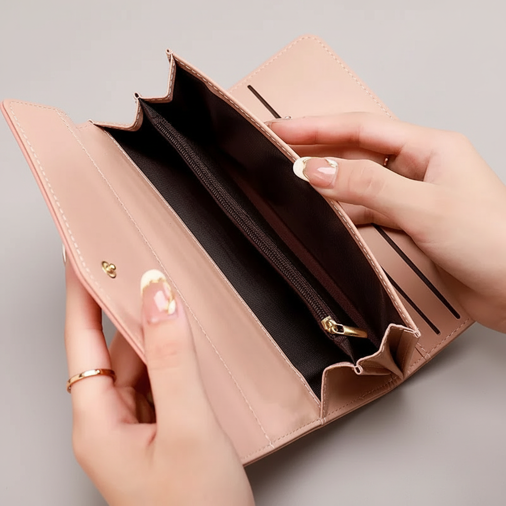 Person holding an open beige wallet with a neutral background