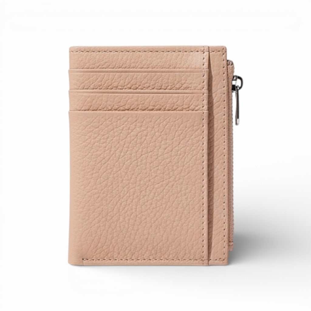Beige leather wallet with a zipper on a white background