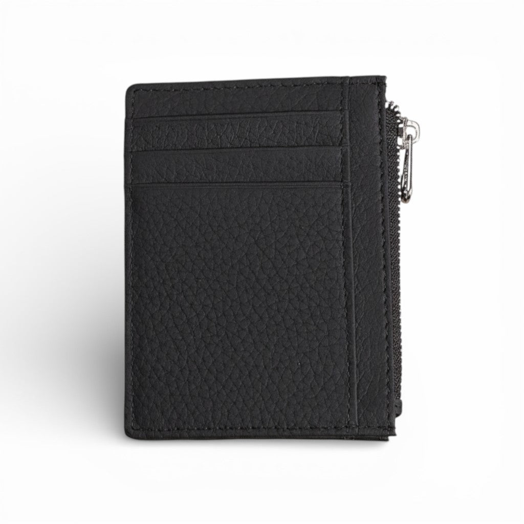 Black textured wallet with a zipper on a white background