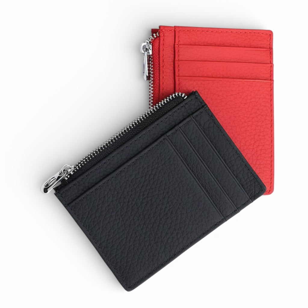 Black and red card holders with zippers on a white background