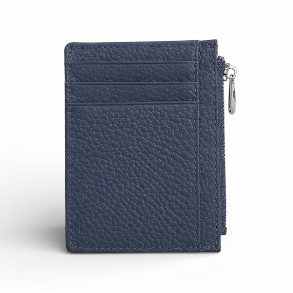 Blue leather wallet with a zipper on a white background