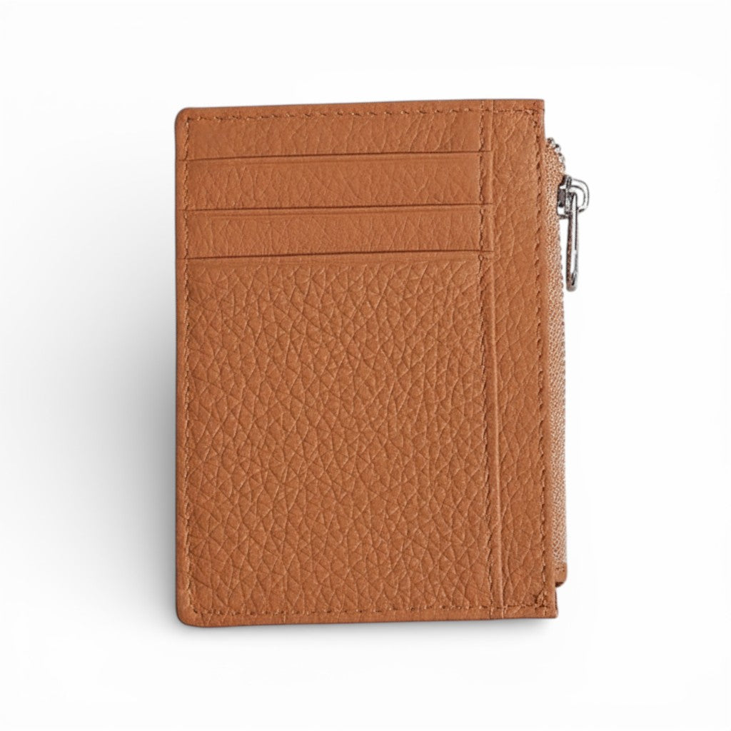 Brown leather wallet with a zipper on a white background