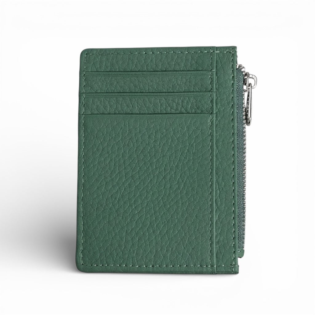 Green leather wallet with a zipper on a white background