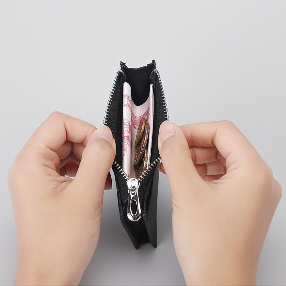 Black wallet with a zipper being opened by hands on a light gray background