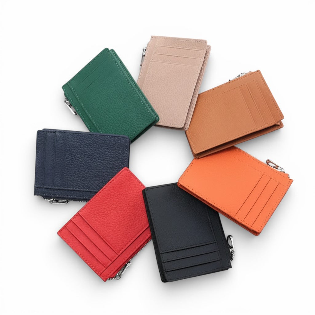 Set of eight colorful wallets arranged in a circular pattern on a white background