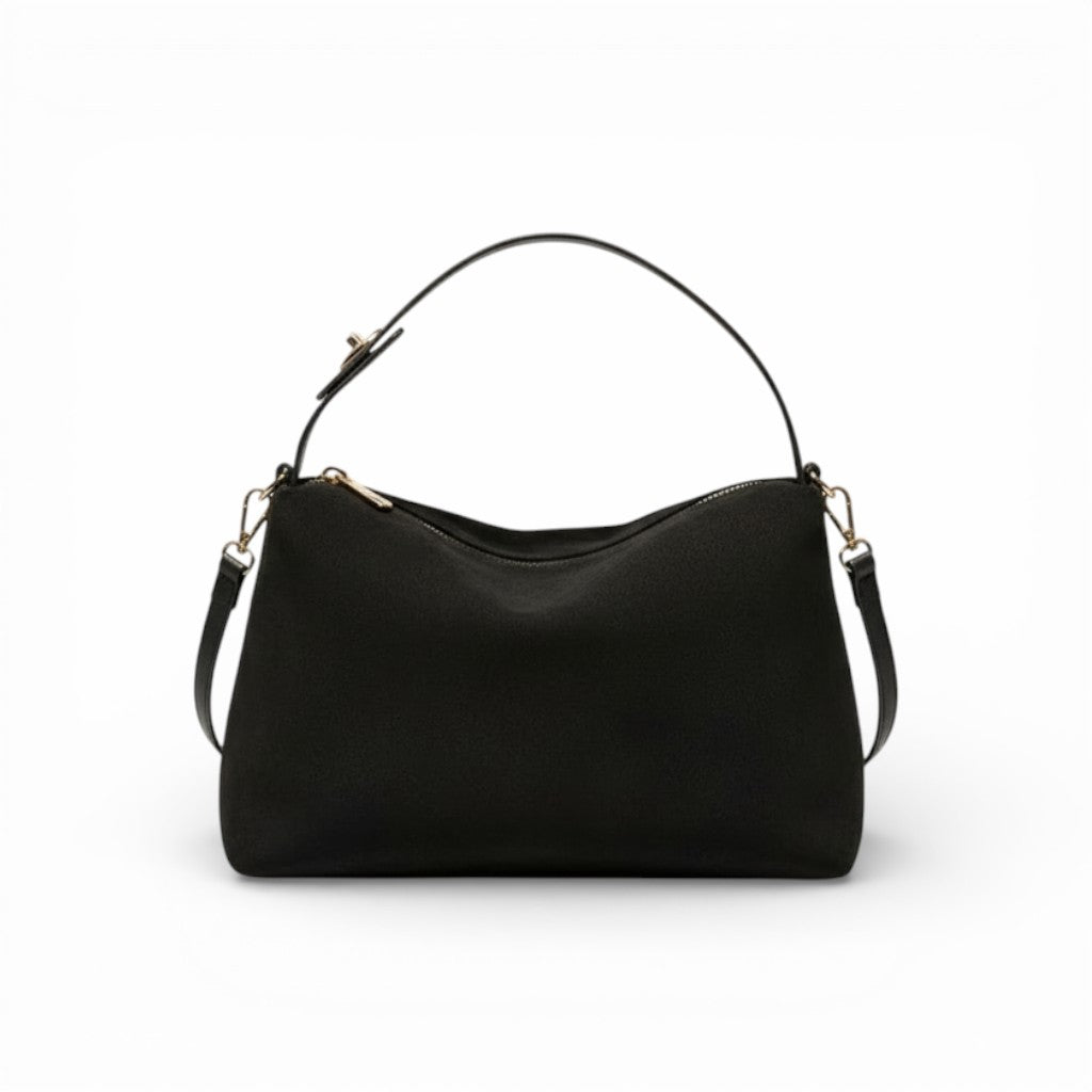 Black handbag on a white background