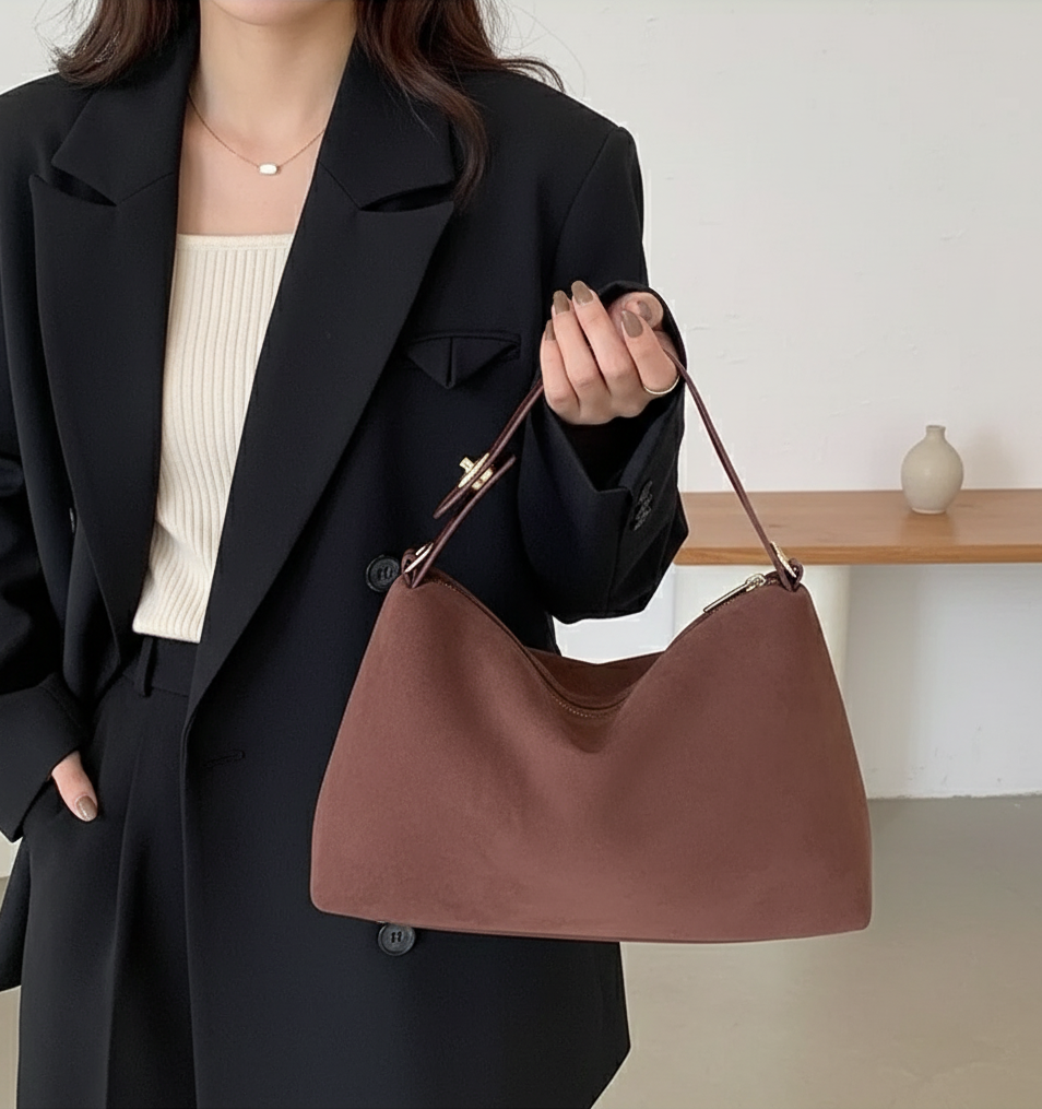 Person holding a brown handbag in a minimalistic setting