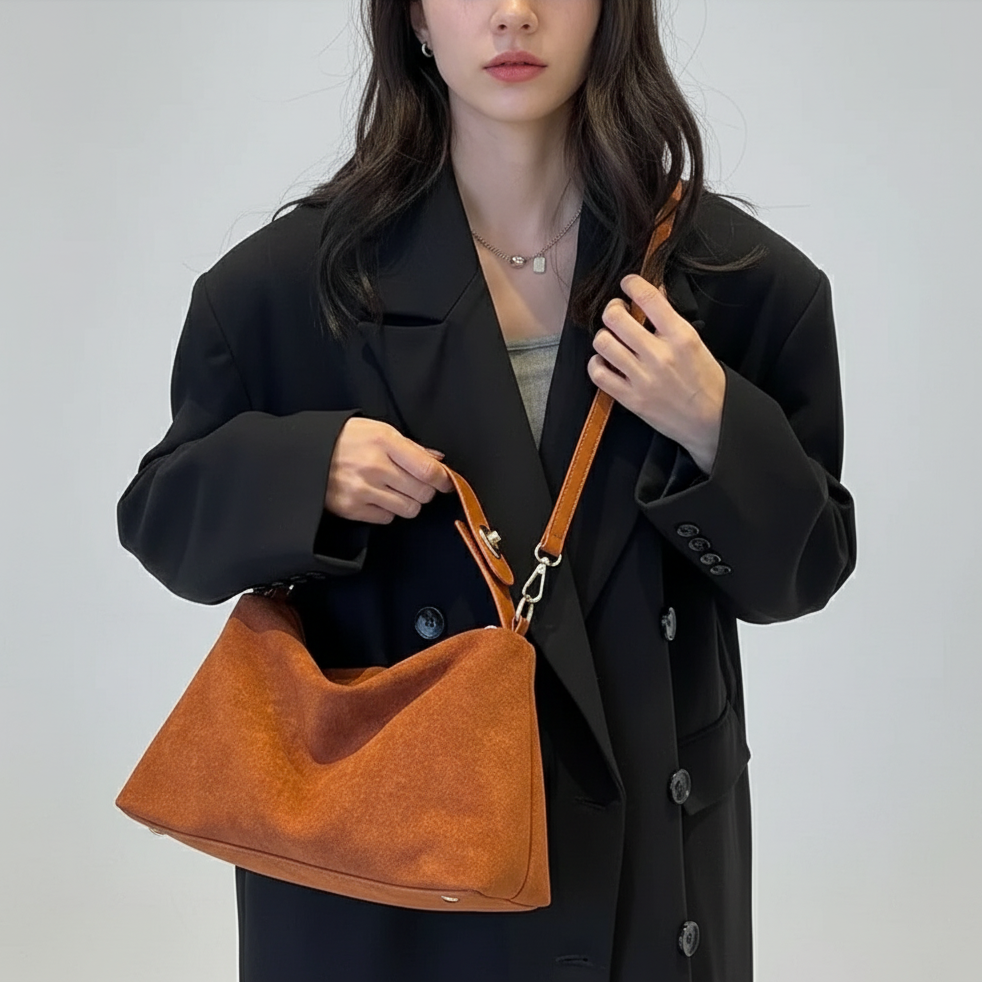 Person holding a brown handbag against a plain background
