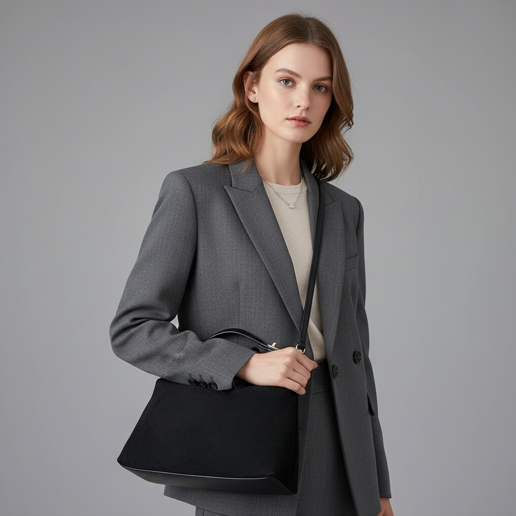 Woman wearing a gray blazer holding a black handbag against a gray background