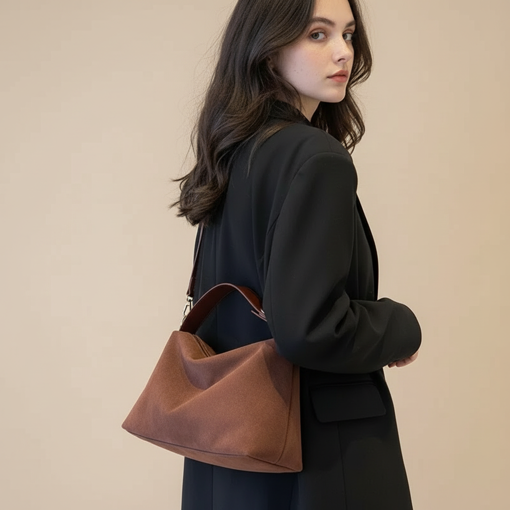Woman holding a brown leather handbag against a beige background