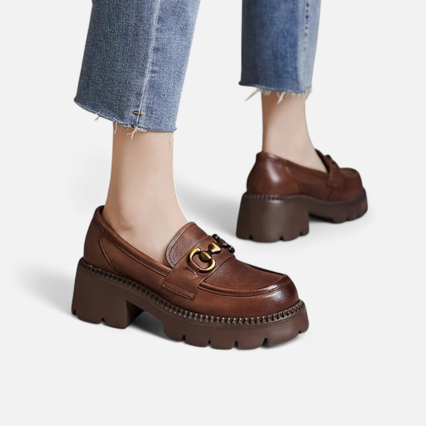 Women's Chunky Heel Loafers - Structured Look, Urban Elegance