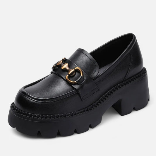 Women's Chunky Heel Loafers - Structured Look, Urban Elegance