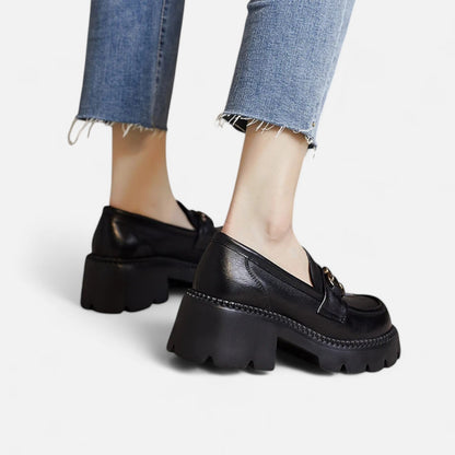 Women's Chunky Heel Loafers - Structured Look, Urban Elegance