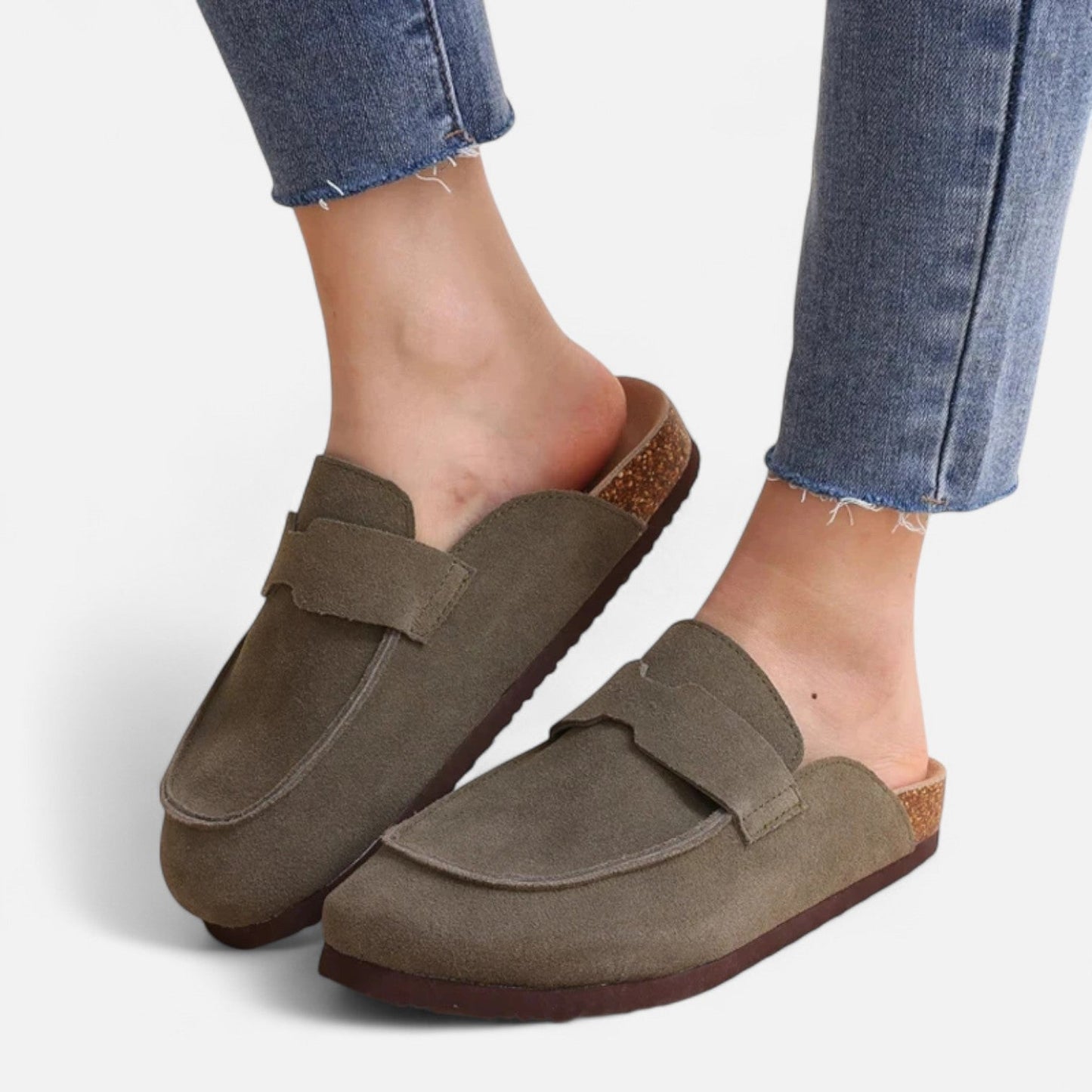 Women's Classic Suede Mules with Cork Sole - Natural Comfort, Casual Elegance