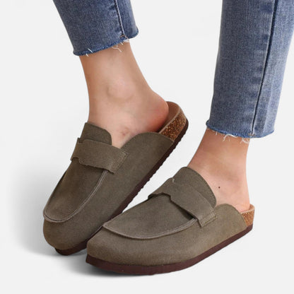 Women's Classic Suede Mules with Cork Sole - Natural Comfort, Casual Elegance