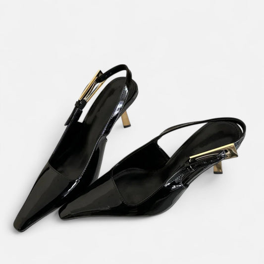 Women's Pointed Toe Sandals with Metallic Buckle - Graphic Look, Confident Elegance